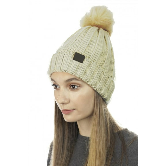 Urban-Peacock Cloie Soft Stretch Cable Knit Beanie Winter Hat with Pom Pom - Beige