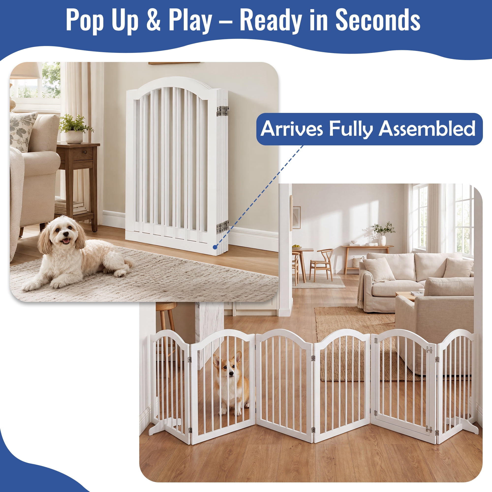 TrumanPick 36" H Extra Tall Dog Gates for Doorways, 6-Panel Foldable Pet Gate, 2 Support Feet Dog Fence for Stairs 138"L, White