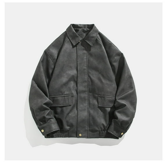 Maoxin Men's Leather Jacket Men's Solid Color Long Sleeved Flip Collar Pocket Button Zipper Leather Jacket Coat Leather Jacket Men Plus Size Black 2XL