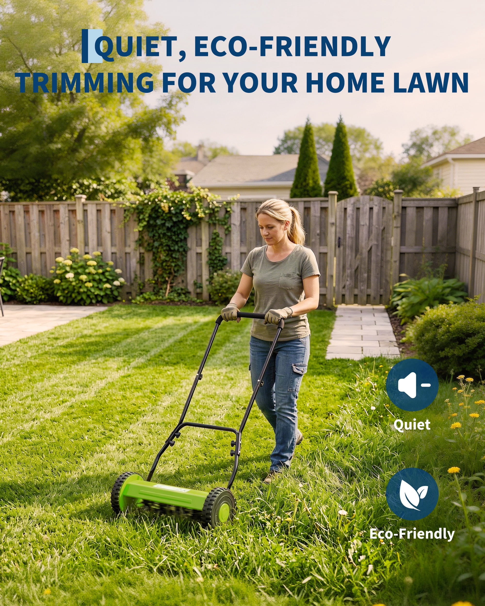 14" Push Reel Lawn Mower, 5-Blade Manual Walk-Behind Lawn Mower with Adjustable Cutting Height, Compact Push Mower for Small Yards, Green