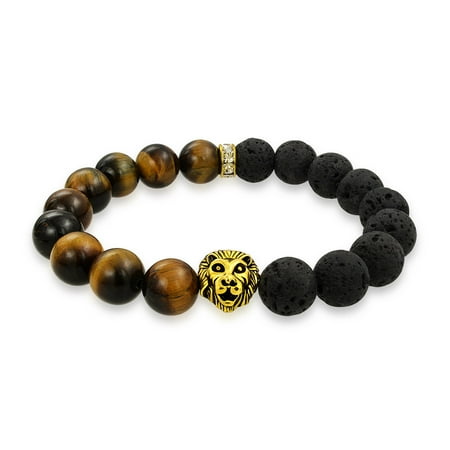 Lion Head Brown Tiger Eye Black Onyx Round Bead Strand Stretch Beads Bracelet For Women For Men Gold Plated Or Stainless