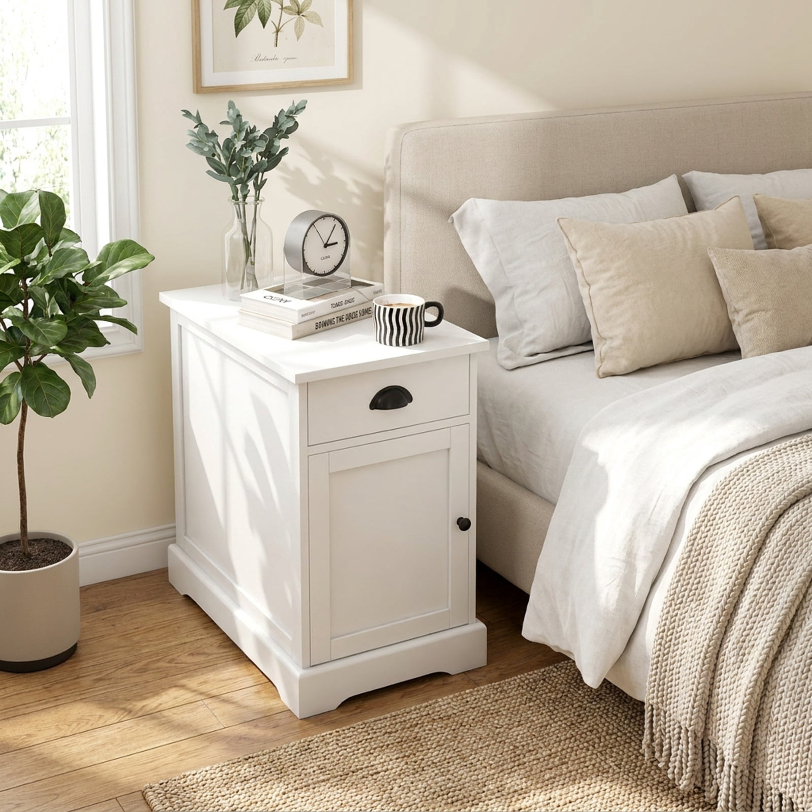 Furnibear End Table with Charging Station Flip Top and Drawer Cabinet Magazine Holder for Living Room Bedroom Sofa Side Narrow Spaces, White