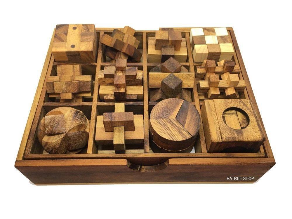 Twelve Brain Teasers with The Puzzle Showcase RATREE SHOP Handmade Puzzle Sets 12 Wooden Game Gift Set Handmade Wooden Puzzles for Adults 