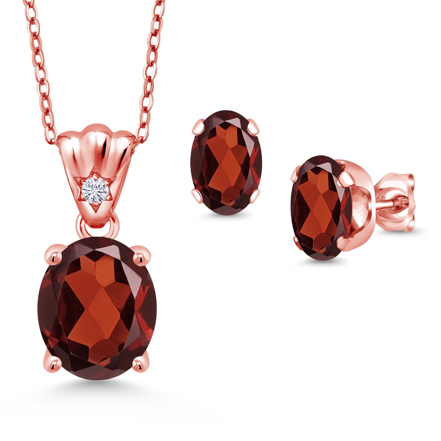 Gem Stone King 18K Rose Gold Plated Silver Red Garnet and White Moissanite Pendant and Earrings Jewelry Set for Women (6.69 Cttw, Gemstone Birthstone, Oval 11X9MM and 8X6MM with 18 inch Silver Chain)