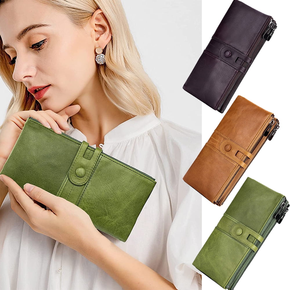 Leather Women's Wallets,Multi-Function Slim Bifold Zipper Clutch  Purse,Large Capacity Card Holder with RFID/Green