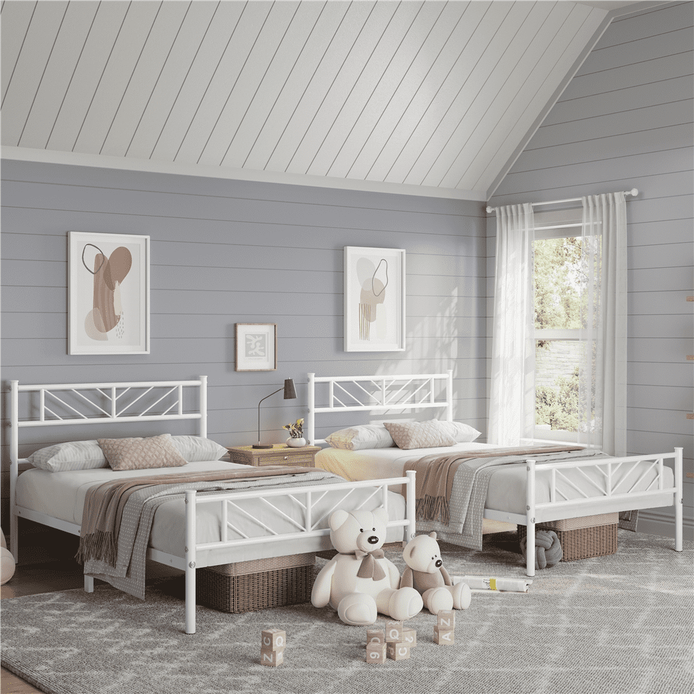 Fullfurnique Minimalist Metal Platform Bed with Arrow Design Headboard for Adult, Queen, White