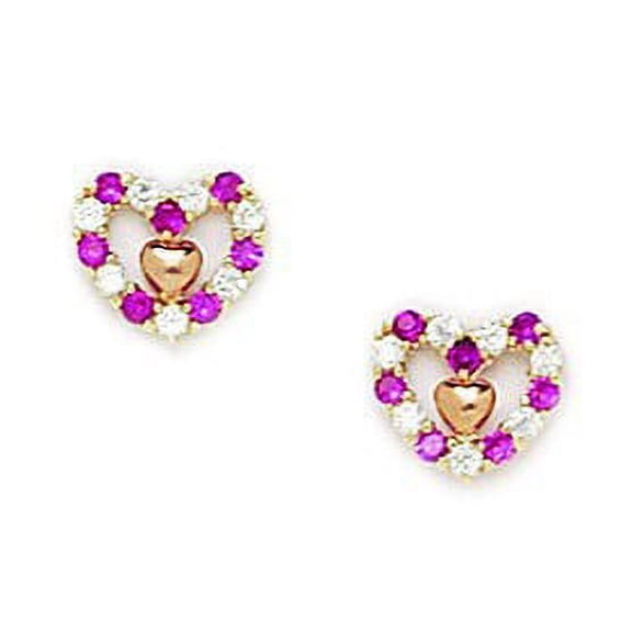 14k Yellow Gold Red Cubic Zirconia Heart Screw-Back Earrings - Measures 7x7mm