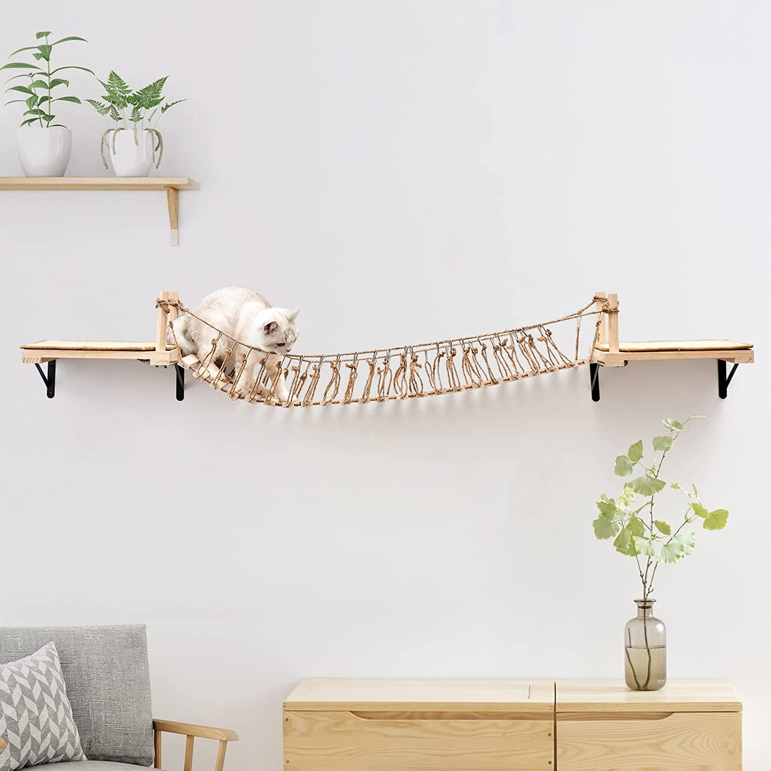 A.FATI Wall-Mounted  Roped Bridge Long for Indoor Cats, Wooden Bed and Perches with Sisal Scratch Mat