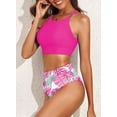 thumbnail image 3 of SHEWIN Women's Bikini Sets Two Pieces Swimsuits High Neck Bathing Suits Tropical Leaf Print High Waisted Tummy Control Swimwear Racerback Tops with Bottom, 3 of 6