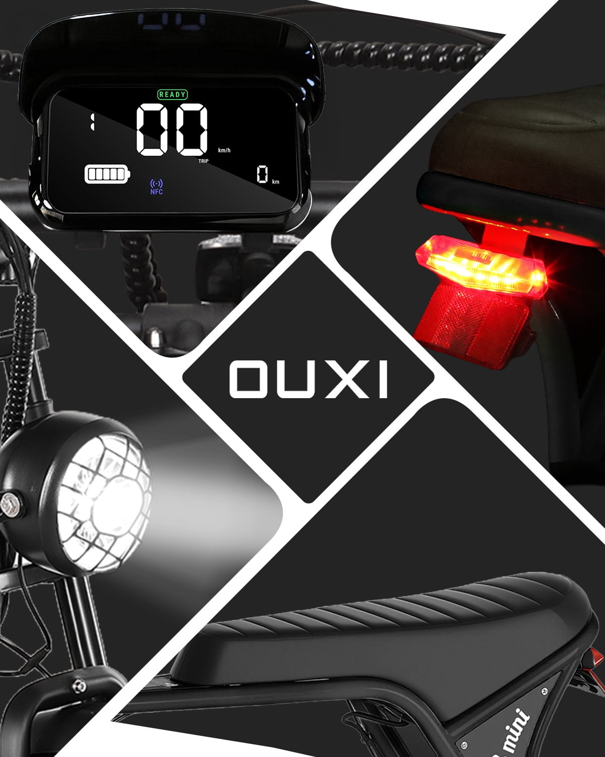 OUXI V8 MINI Electric Bike for Adults, 500W Peak E-Bike with 16" Fat Tires, Removable Battery Options 10.4Ah 7-Speed Electric Bicycle with Dual Disc Brakes
