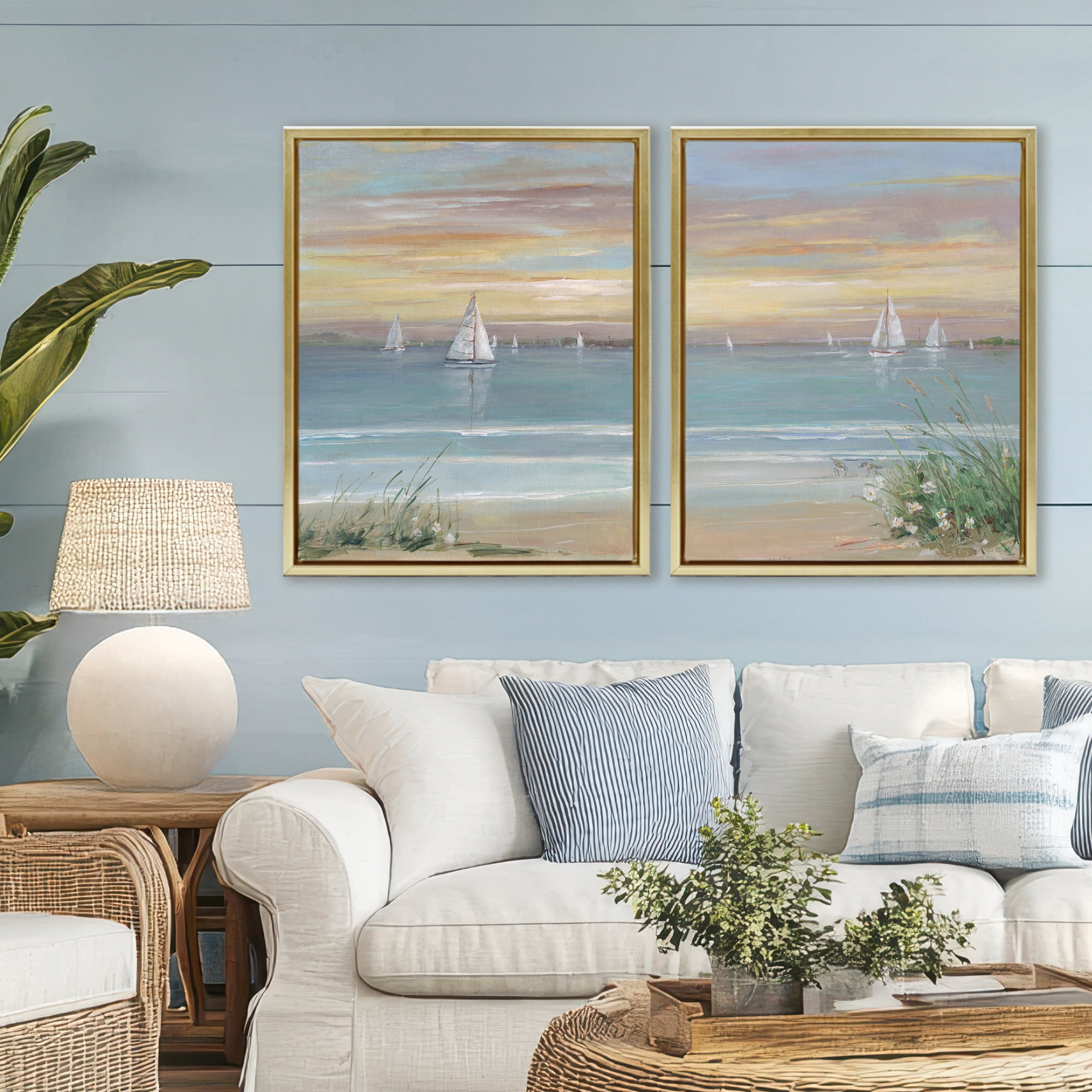 Stupell Industries Summer Shore Panorama 2 Piece Gold Framed Floater Canvas Set, design by Sally Swatland