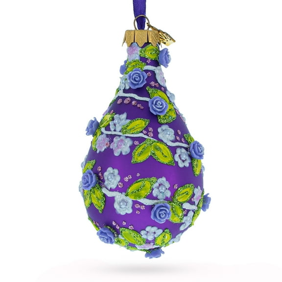 Embossed Roses on Purple Waterdrop Finial Glass Christmas Ornament