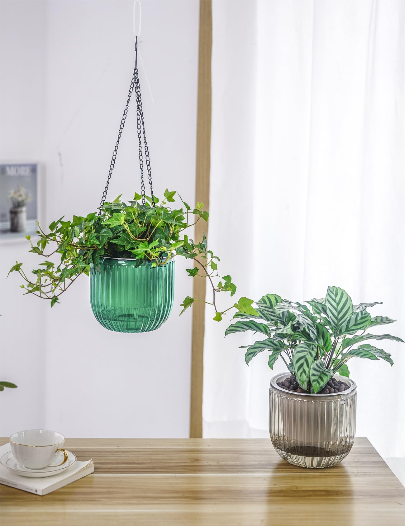 2 Pack Self Watering Hanging Planters 6.5 Inch Indoor Outdoor Flower Pots with Drainage Holes and Hooks for Garden Home Decor