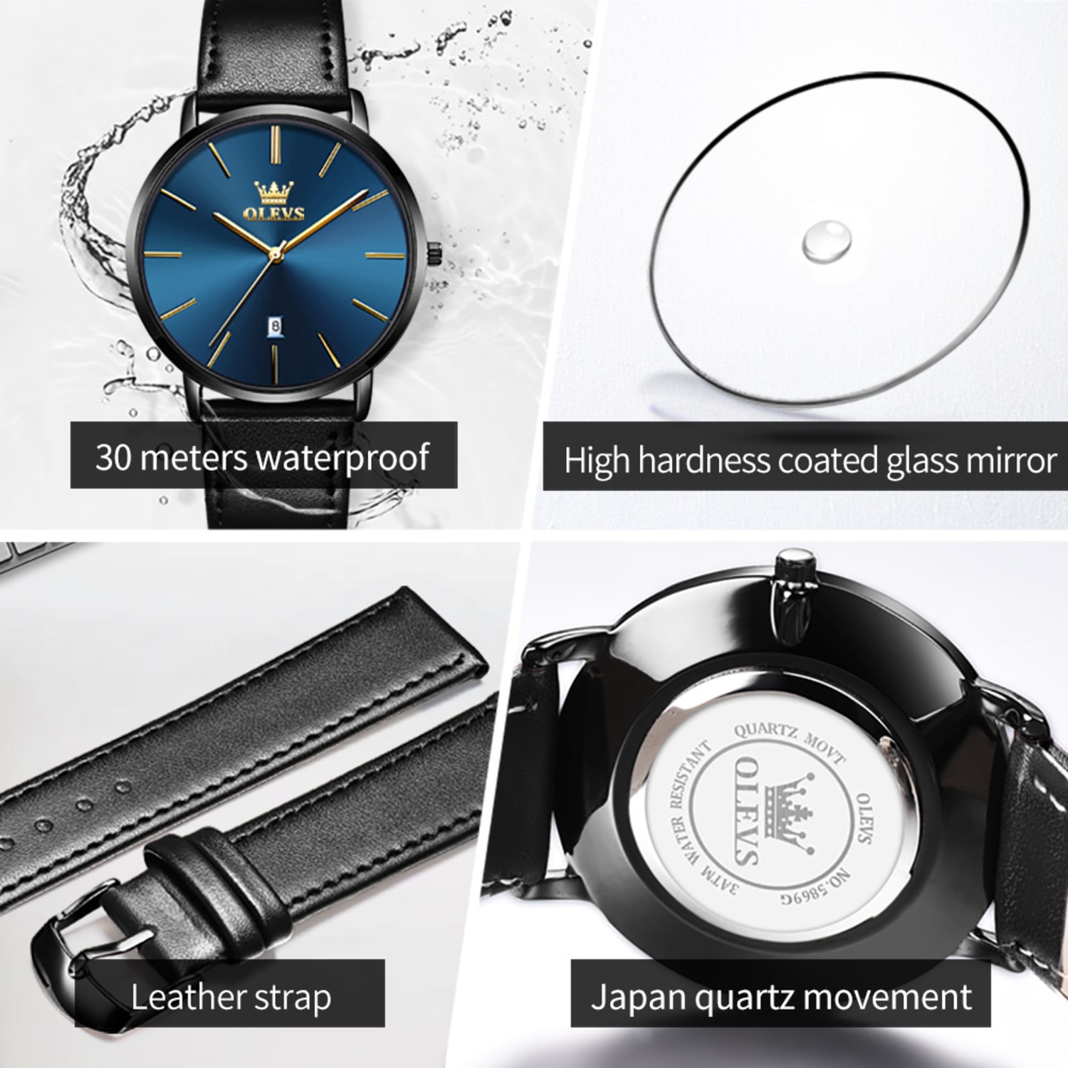 OLEVS Men's Watch, Waterproof Wrist Watches Minimalist Ultra Thin Fashion Casual Day Watch with Retro Leather Band Japan Quartz, Male Adult Wristwatch