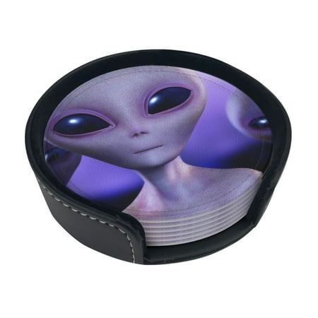 

Coasters For Drink With Holder Set Of 6 Absorbent Kitchen Pu Leather Coaster Interesting Alien Round Mug Mat Protect Furniture From Scratched
