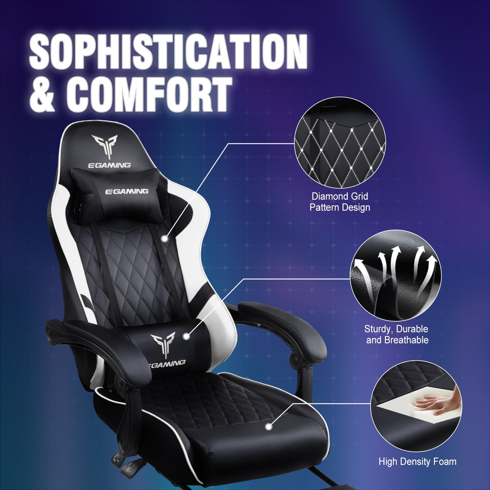 GTPLAYER Gaming Chair With Retractable Footrest - Ergonomic Office & Computer Chair With Headrest & Lumbar Support (White)