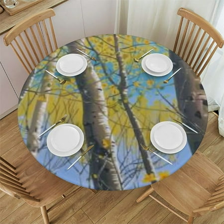 

Fitted Tablecloth for Round Table Retro Oil Painting Art Table Cover with Elastic Edge Waterproof Table Cloth Forest Yellow Flowers Circle