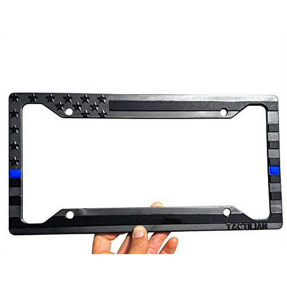 American Flag License Plate Frame - Subdued 3D Embossed USA Flag in Black Gloss on Matte Finish for Car, Truck or SUV (Thin Blue Line)