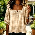 thumbnail image 4 of Yrmaups Women Plus Size Square Neck 3/4 Sleeve Blouse, Loose Fit Button Plaid Top, Soft Casual Tee for Summer Office Daily Wear, Khaki 4XL, 4 of 5