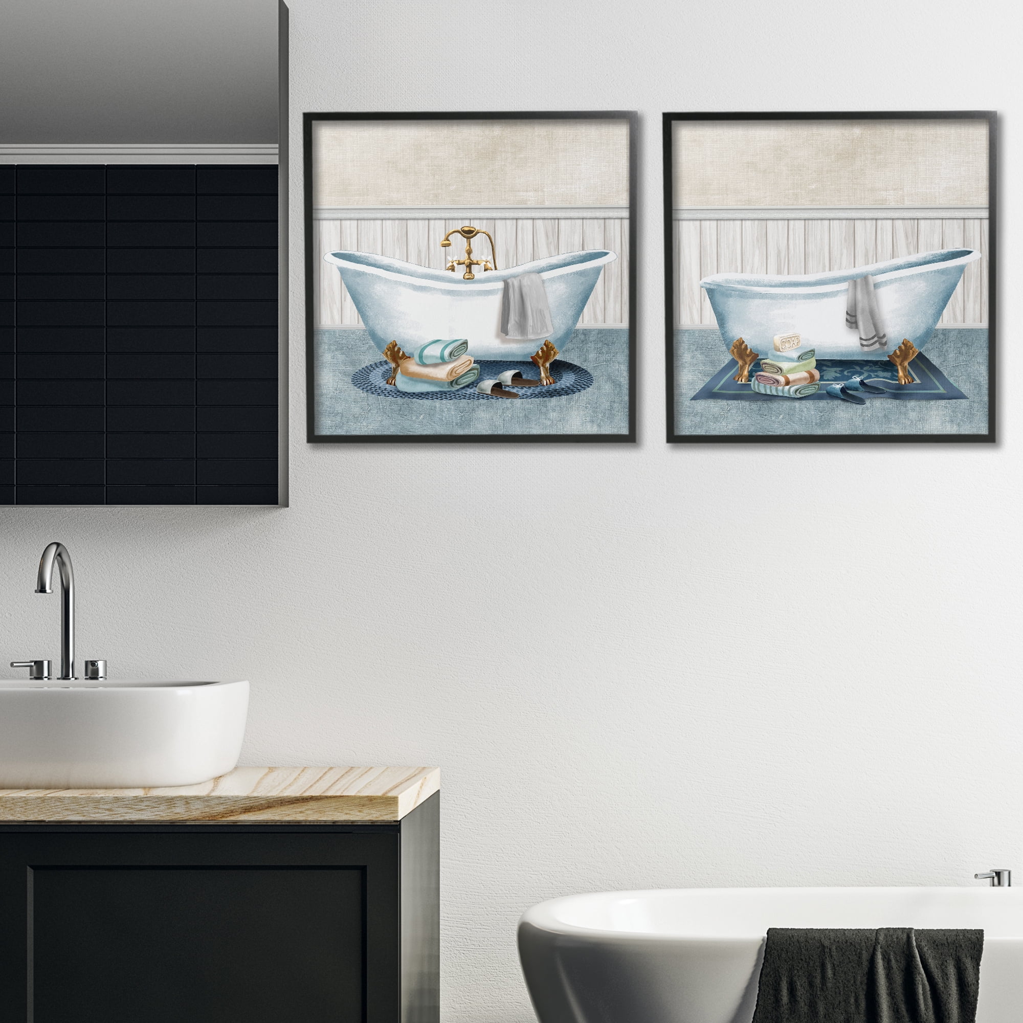 Stupell Industries Cozy Bathtub & Slippers 2 Piece Black Framed Giclee Art Set, design by Conrad Knutsen