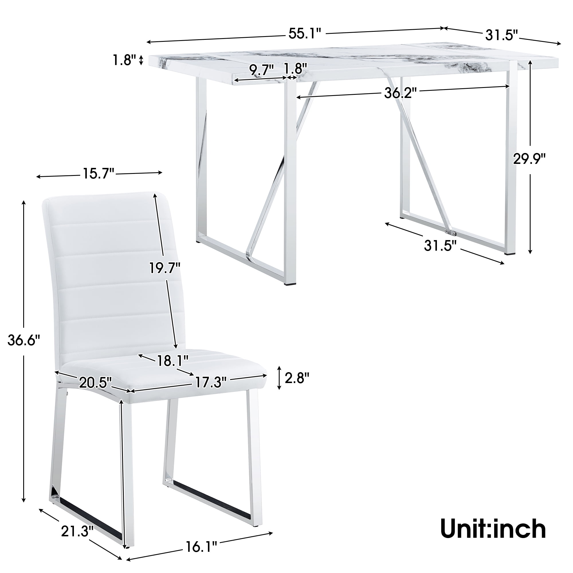 EUROCO 5PCS Faux Marble Dining Table Set,55.1" Longer Dining Room Table Set for 4 with MDF Tabletop,Stainless Steel Table and Chair Legs,4 PU Leather Chairs,Easy Clean and Waterproof Kitchen Set