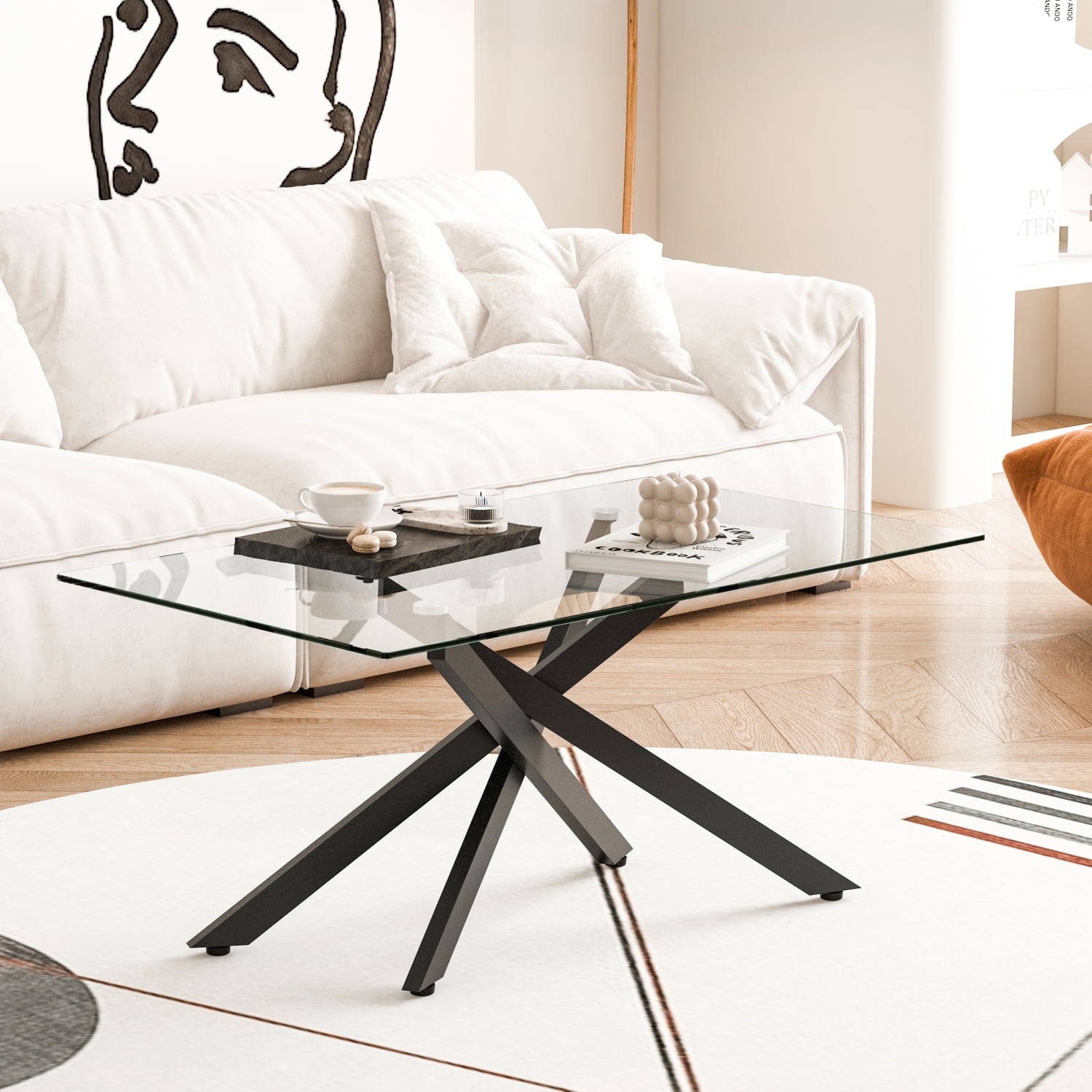Holaki 39.37" Rectangular Clear Tempered Glass Coffee Table,Stylish Design with Black Metal Legs, Coffee Table for Living Room