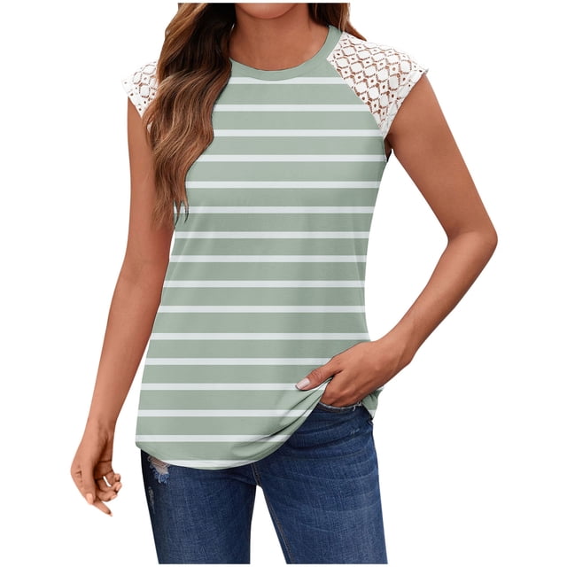 fatyb Débardeurs Rayés Femmes Dentelle Sans Manches T-Shirts Col Rond Tunique Décontractée Blouses d'Été Amples