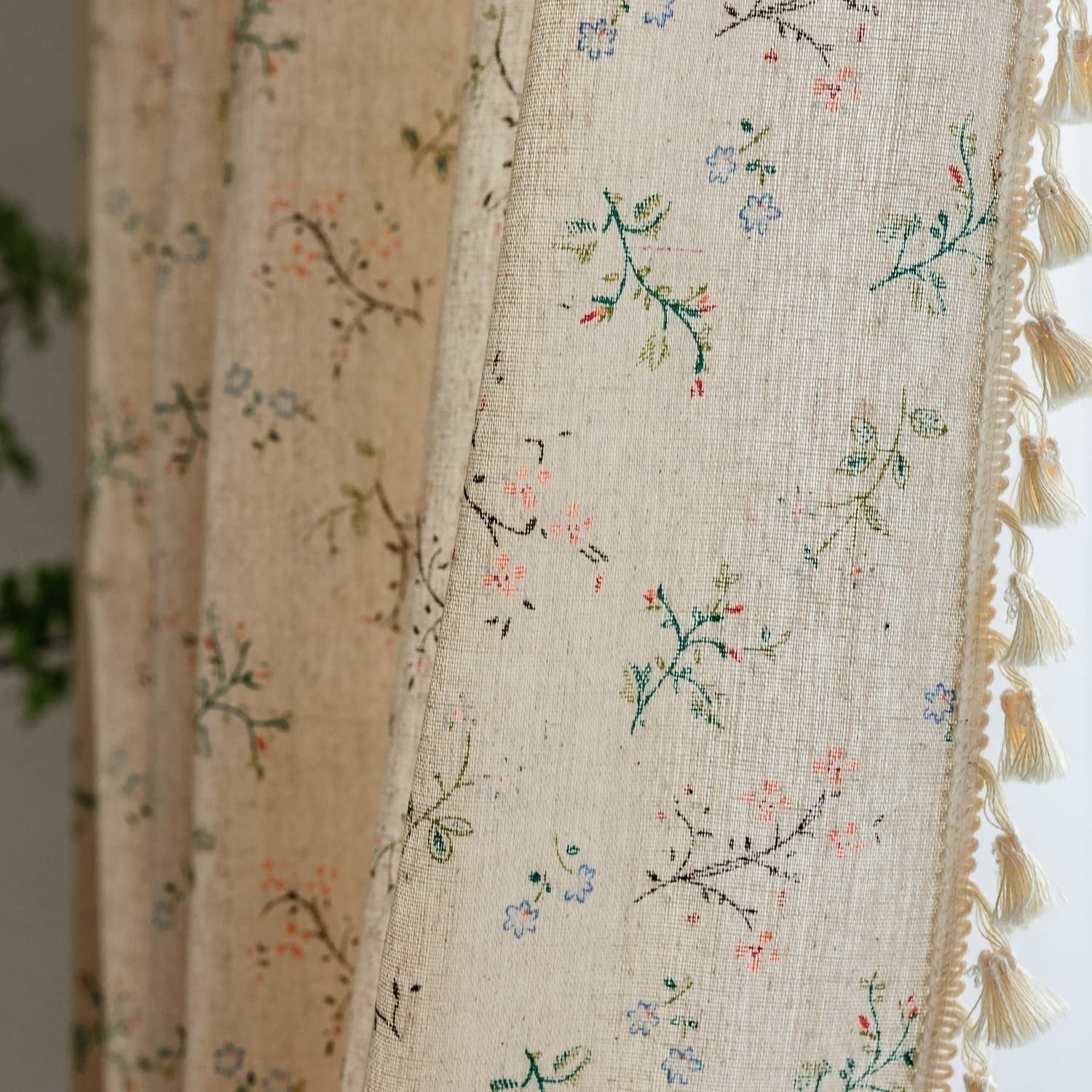 Psoiuetr Floral Farmhouse Curtains Semi Sheer Living Room Drapes Cotton Linen Bohemian Window Curtain Panels with Tassel Beige Rod Pocket Bedroom Drapes 1 Panel 52" W x 63" L