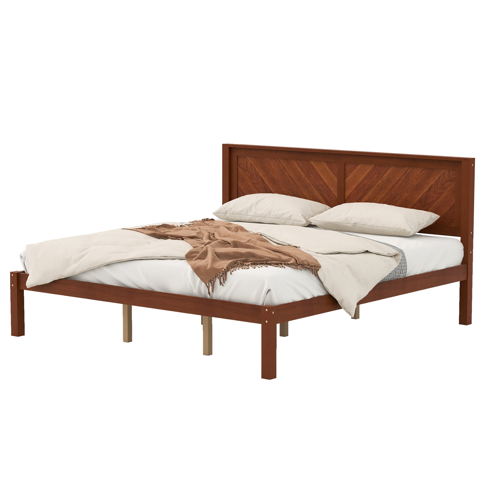 King Size Solid Wood Platform Bed Frame with Herringbone Wood Headboard, Farmhouse Chevron Panel Bed, Under Bed Storage Clearance, No Box Spring Needed, Sturdy Support Legs, Walnut Finish