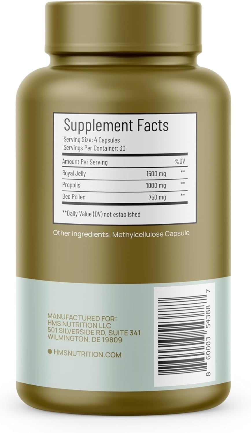 HMS Nutrition Premium Bee Pollen Daily Dietary Supplement - Includes Propolis & Royal Jelly, 120 Capsules