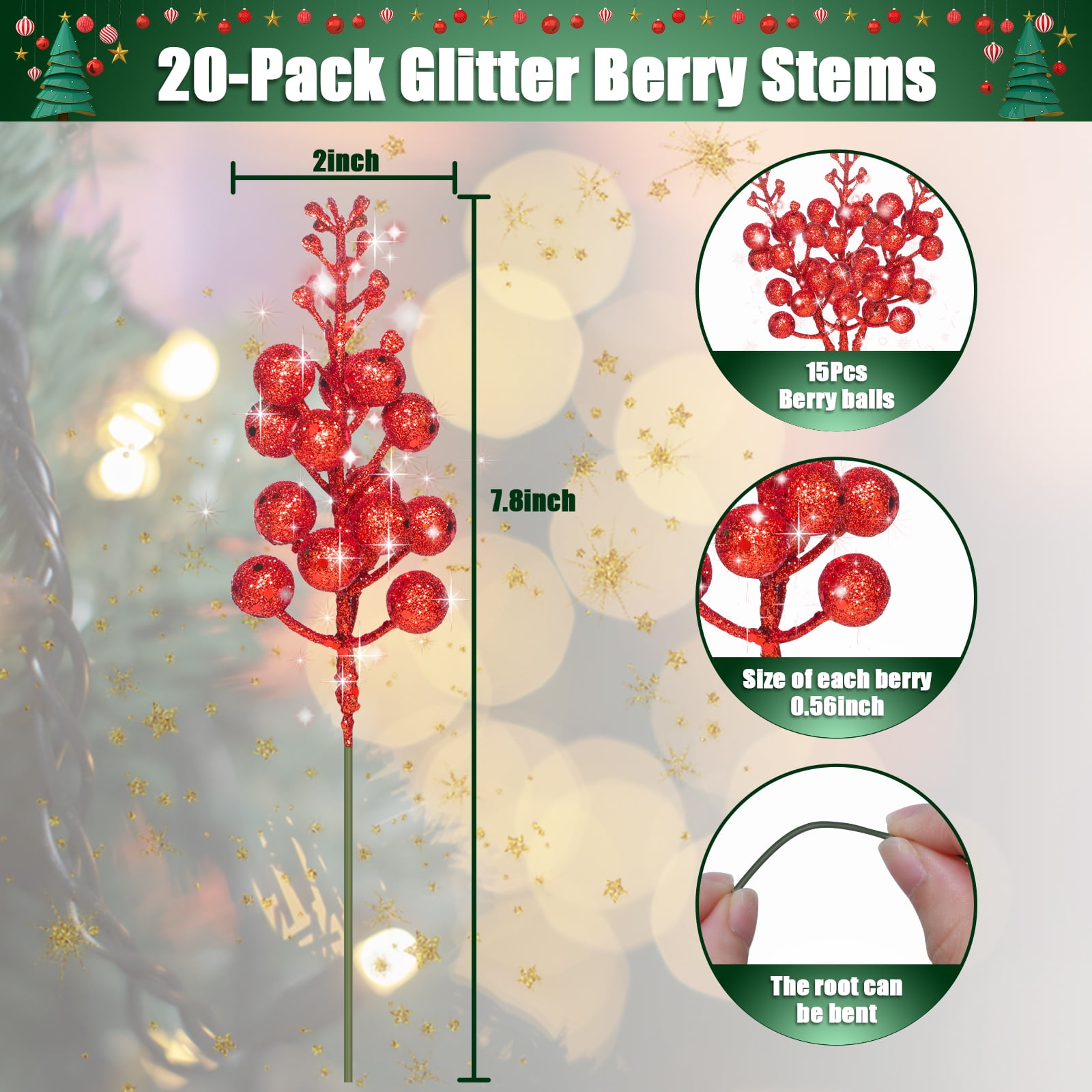 Holly Berry Stems: 3.75 Inches Long Vintage Style Christmas Millinery  Embellishment, Craft Supply ornaments, Gift Wrap Floral50 Stems 