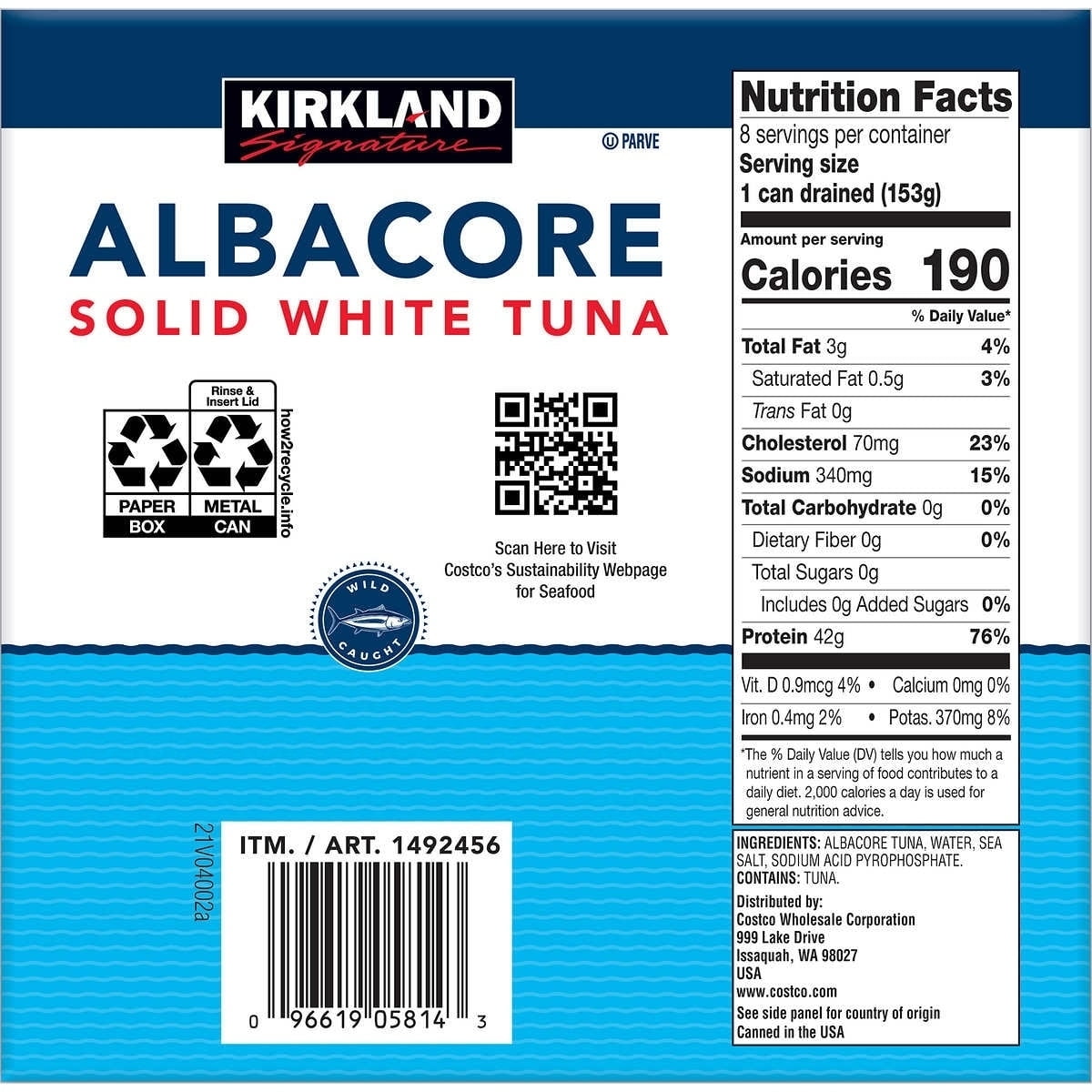 Kirkland Signature Albacore Solid White Tuna in Water, 7 Ounce (Pack of 8)