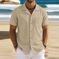 thumbnail image 2 of Domzest Men's Button Down Shirts Short Sleeve Casual Textured Cuban Collar Shirt with Chest Pocket Khaki M, 2 of 4