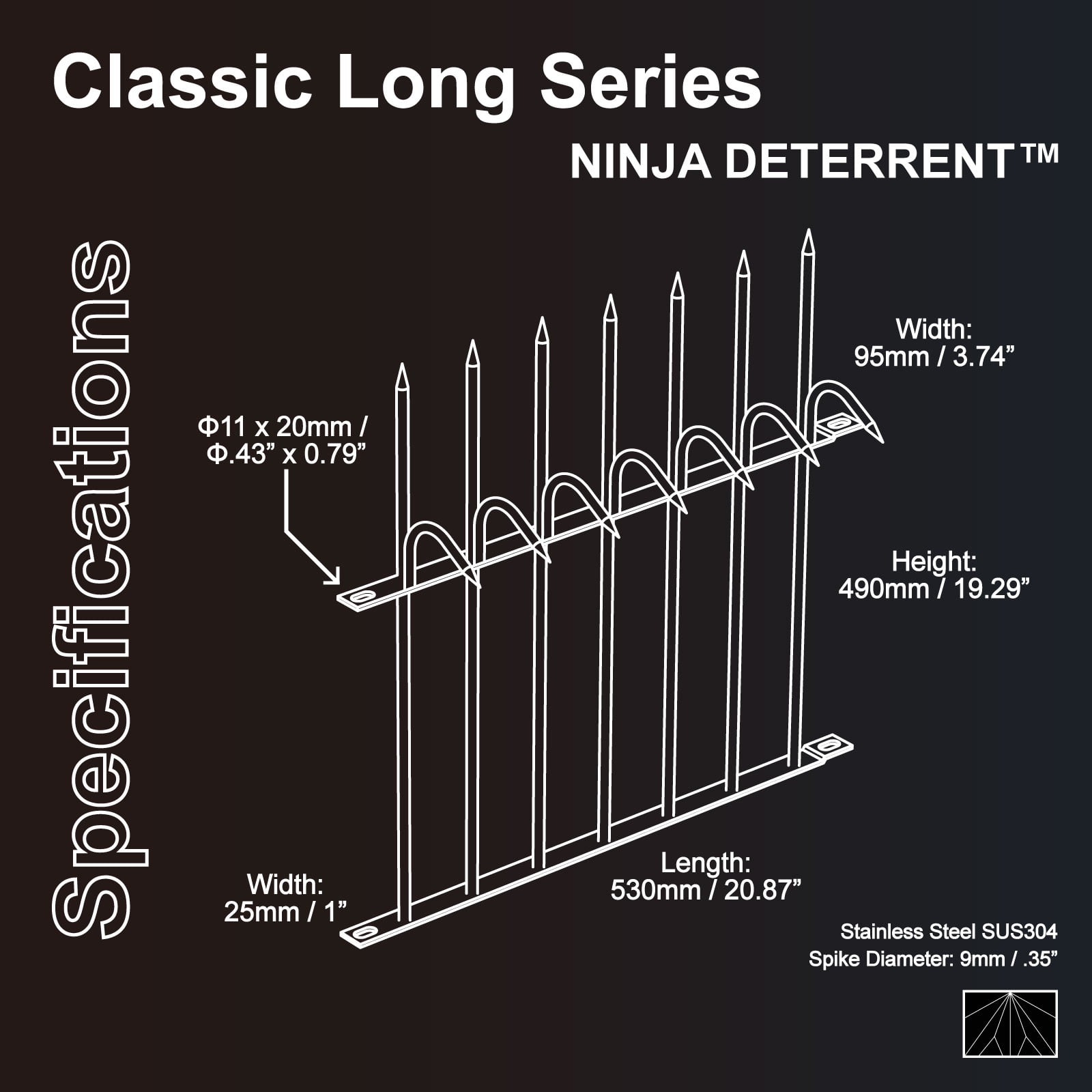 Ninja Deterrent™ | Fence Spikes Wall Spikes Anti Climb Security Guard| Classic Shinobi Gaeshi H490 Single Bladed 0.5m Stainless| Bird Spikes