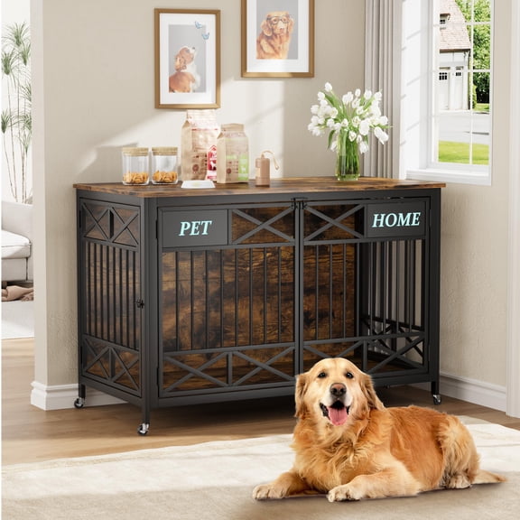 47" Dog Crate Furniture with Name Tag, Heavy Duty Dog Kennel with Double Doors, XXL Wooden Dog Cage for Large Dogs, Decorative Furniture Style Crate as TV Stand & Side Table, Brown