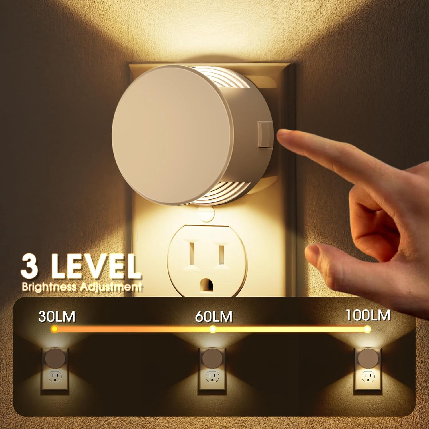 RGHJAR-Night Lights Plug into Wall [2 Pack], White Night Light Dusk to Dawn Sensor Nightlight, Brightness Adjustable 3000K Soft White, Plug in Night Light for Bedroom, Hallway, Stairs, Kitchen