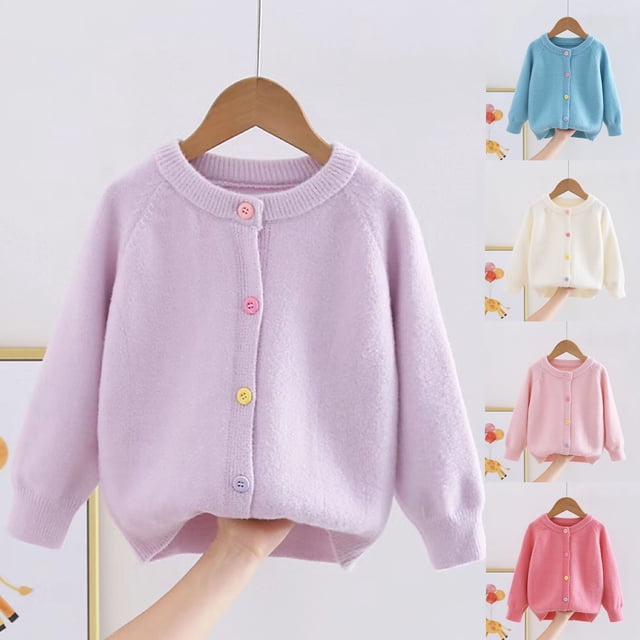MKOSPLRT Cardigans pour Fille à Manches Longues, Chandails en Tricot Raglan à Boutons, Cardigans Unis Décontractés d'Automne, Manteaux Veste en Molleton 2-11 Ans