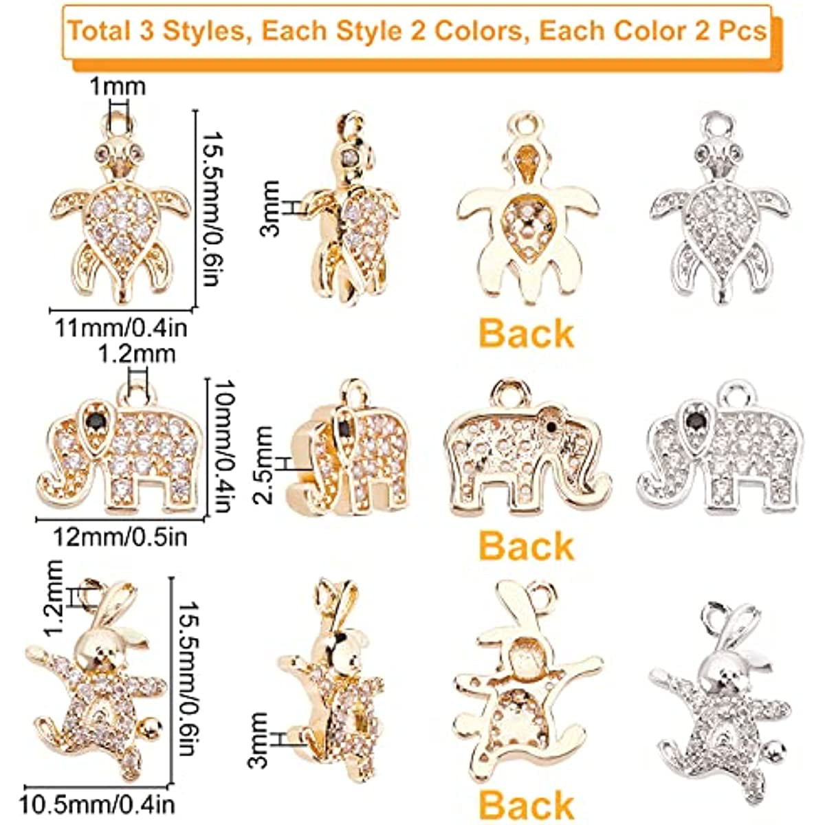 SUNNYCLUE 1 Box 12Pcs 3 Styles Micro Pave Cubic Zirconia Charms Bulk Turtle  Rabbit Charm Elephant Pendants for Jewelry Making Charms Beginner Adult  Women Earring Decorations Light Gold Silver 