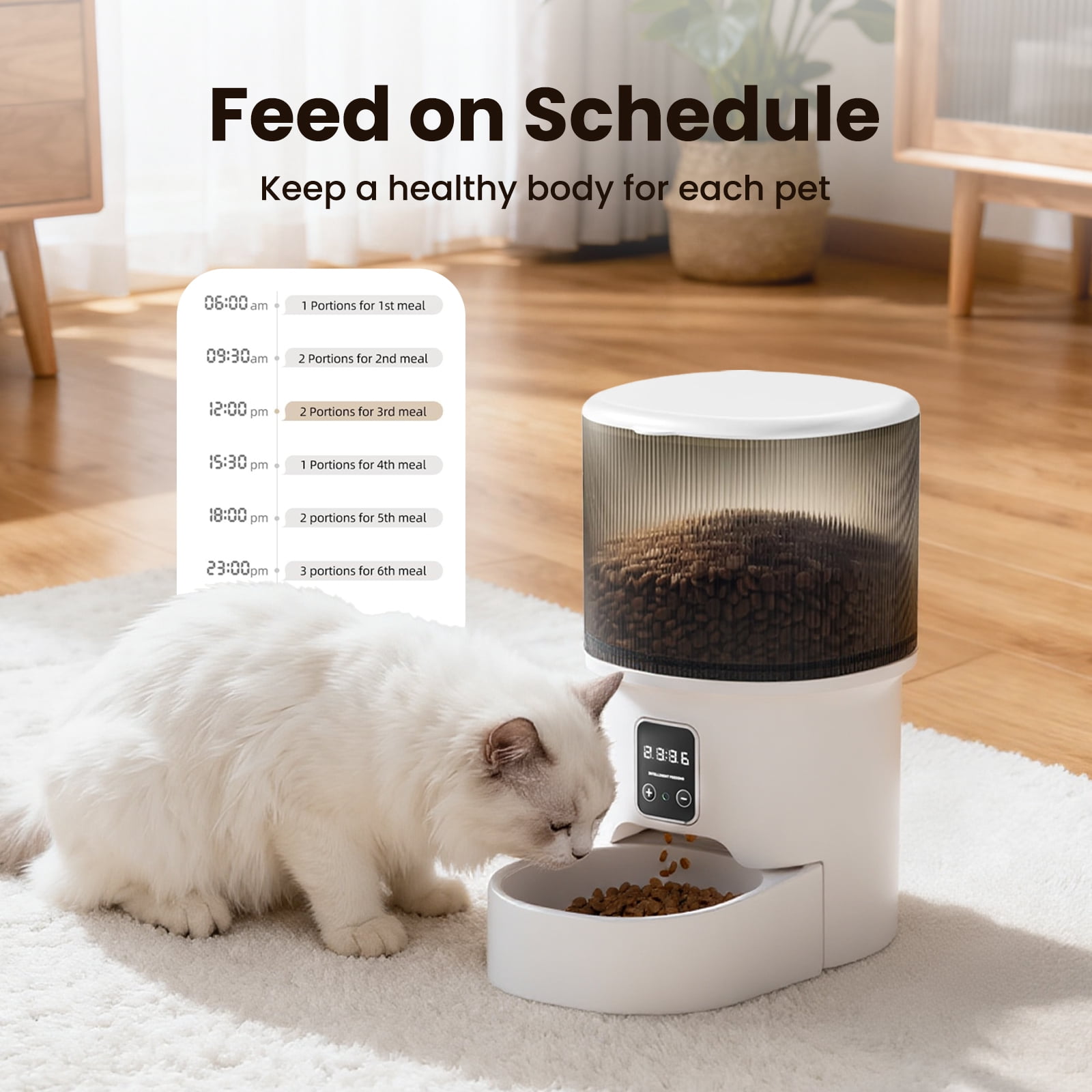 Automatic Cat Feeder, 4L Timed Cat Food Dispenser, Programmable Portion Control, Dual Power Smart Pet Feeder for Cats & Small Dogs, White