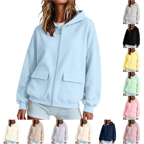 Xijirk Women Zip up Hoodie with Flap Patch Pockets Drawstring Hood Drop Shoulder Long Sleeve Oversized Fit Hooded Jacket for Casual Daily Street Loungewear Outfit,Sky Blue,XXL