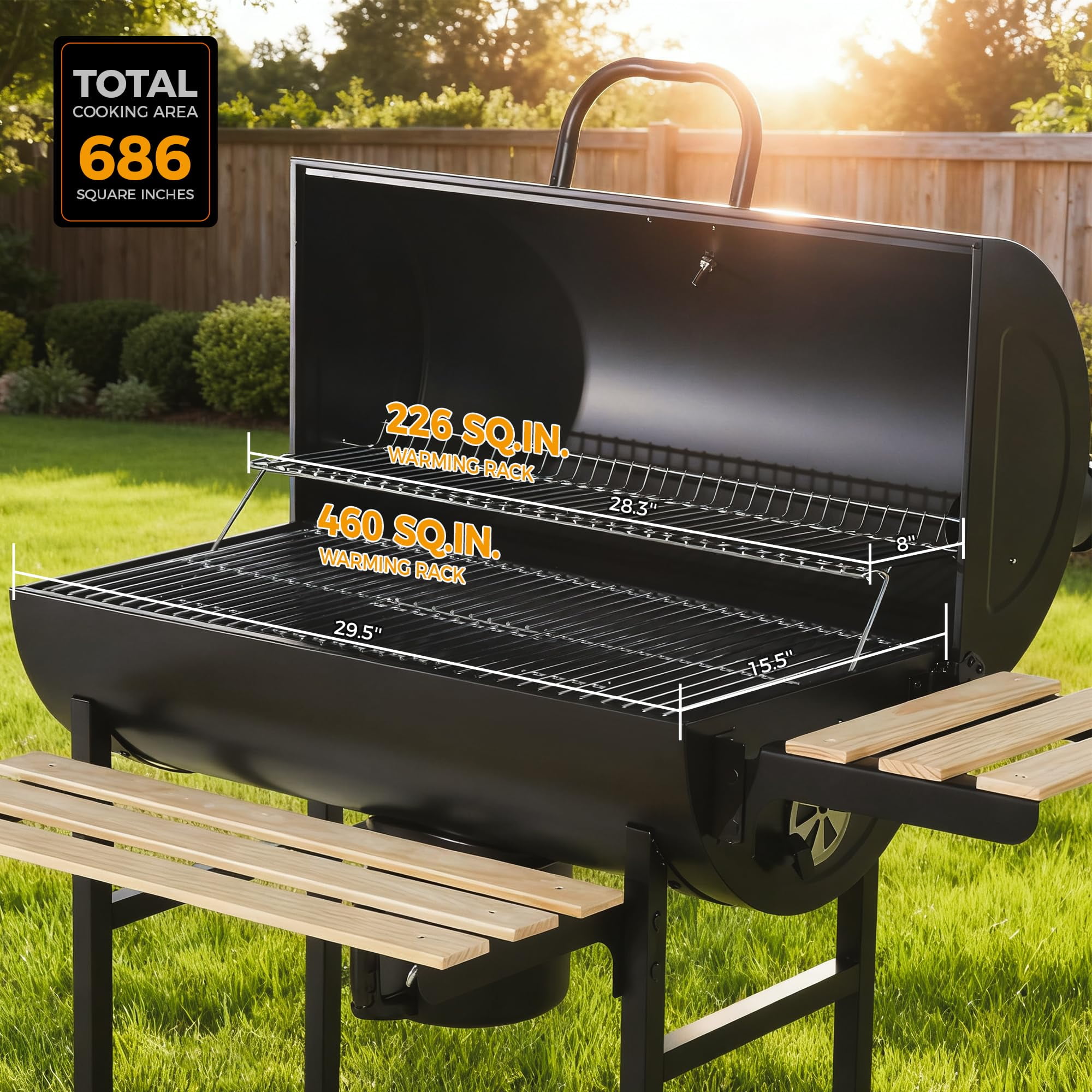 MASTER COOK 30" Barrel Charcoal Grill, Foldable Side Table, Outdoor Smoker Grill with Adjustable Air Vents & Thermometer for Backyard, Picnic