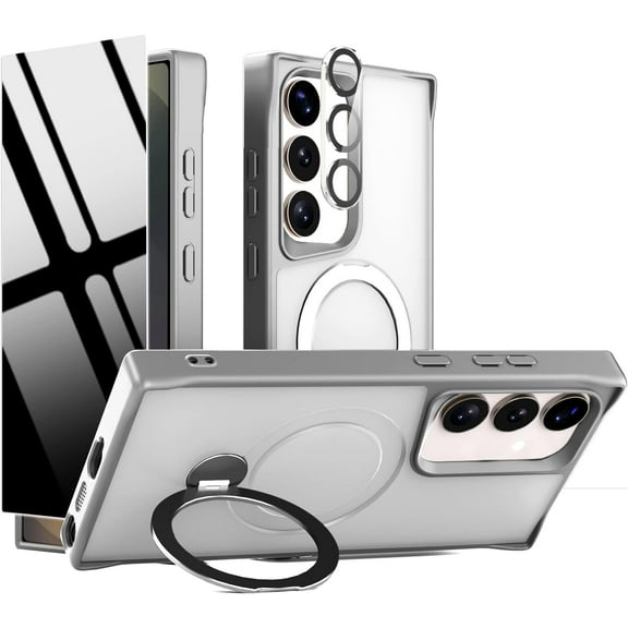Privacy Case for Samsung Galaxy S25 /S24,360 Rotated Magnetic Ring Stand Phone Case with Privacy Screen Protector & Camera Cover,[Compatible with Magsafe] Shockproof Samsung S 25/S 24 Cover,Gray