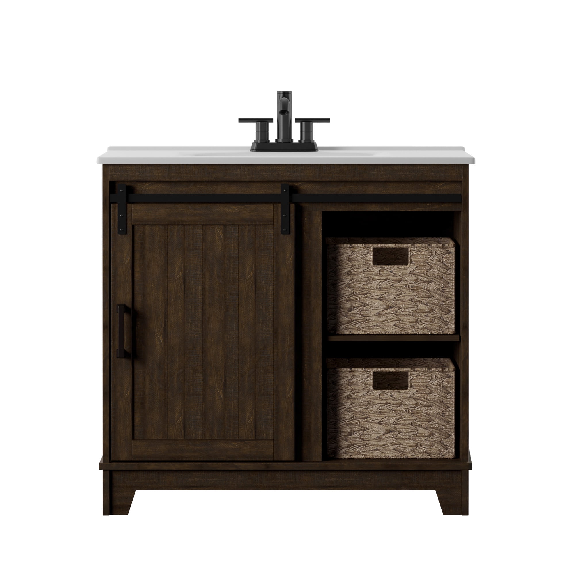 Twin Star Home 36" Sliding Barn Door Single Bathroom Vanity with Woven Baskets