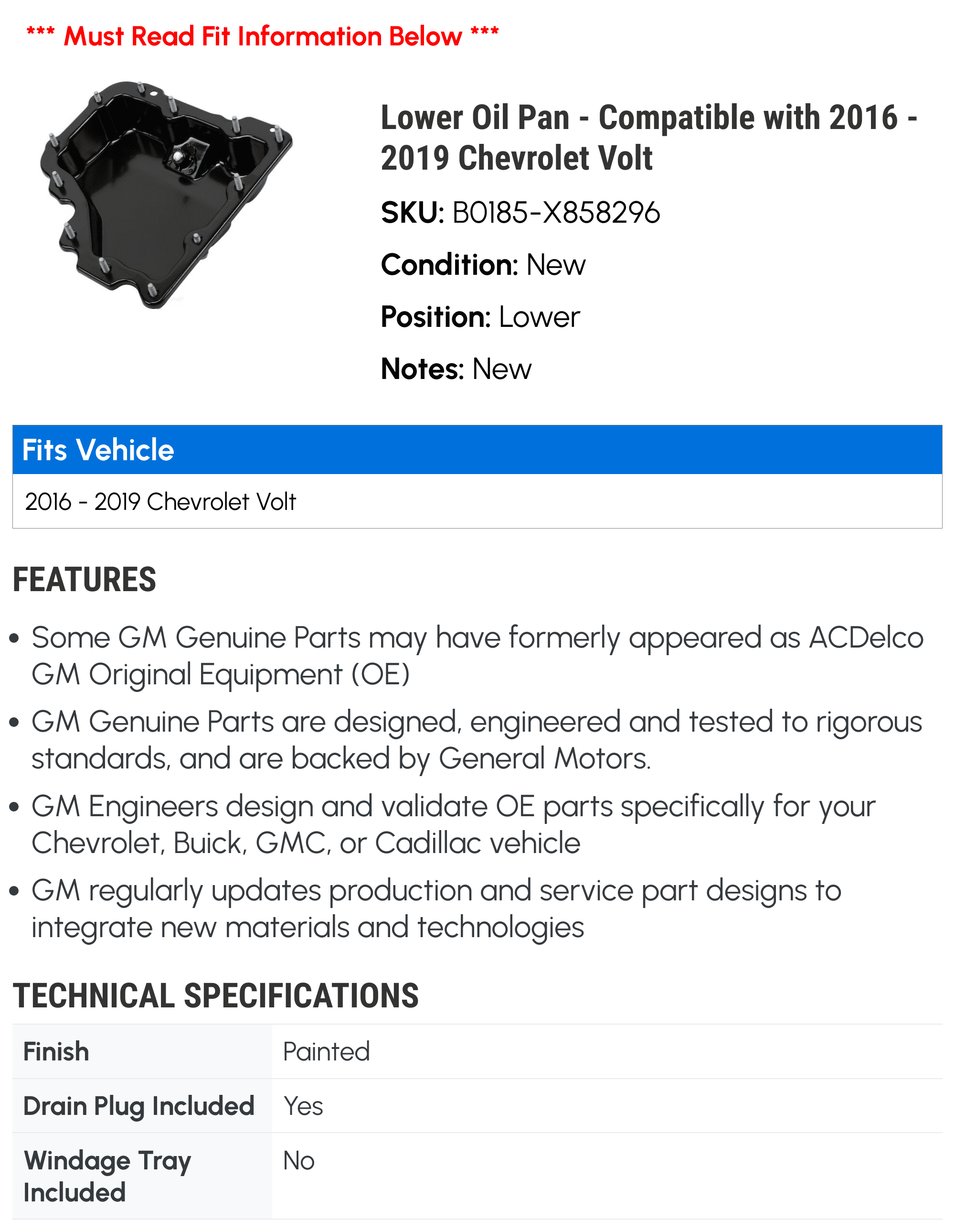 Lower Oil Pan - Compatible with 2016 - 2019 Chevrolet Volt - AC Delco