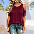 thumbnail image 2 of Wang6 Plus Size Cold Shoulders T Shirts for Women Summer Loose Fit Short Sleeve Tops Causal Crew Neck Solid Tees 0629LiBrick Red S, 2 of 5