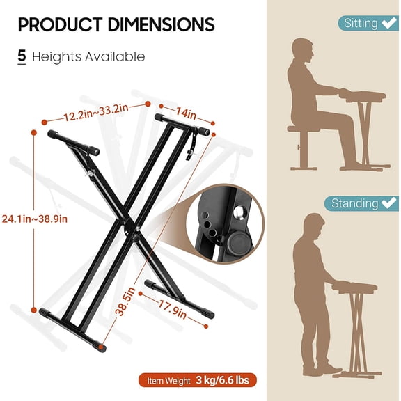 Adjustable Keyboard Stand 38.5in Double Braced X Style Digital Piano Stand with Locking Straps for 61 76 88 Keys CY0245$$Music