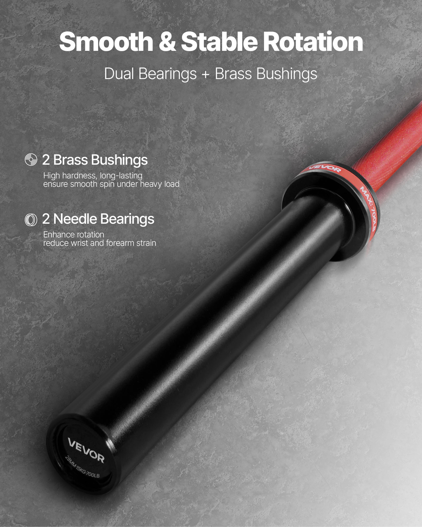 VEVOR 6FT Barbell Bar, Fits 2-Inch Weight Plates, Barbell Bar with Knurled Grip for Strength Training, Weightlifting, Squat, Deadlift, Bench Press, Curl, Overhead Press, 700lbs/317kg Capacity