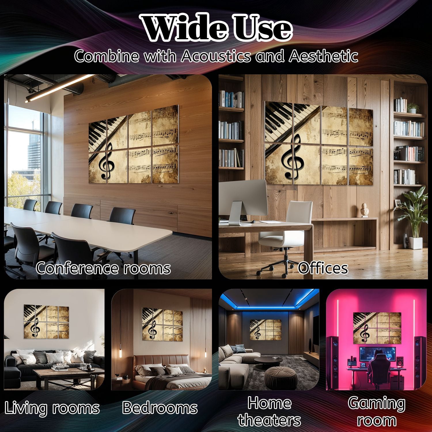 Musical 8 Pack Art Acoustic Panels Sound Absorbing Vintage Piano Keyboard Musical Notes Treble Clef Aged Sheet Decorative Soundproof Wall Panels Self Adhesive for Game Room Music Classroom 48"x32"