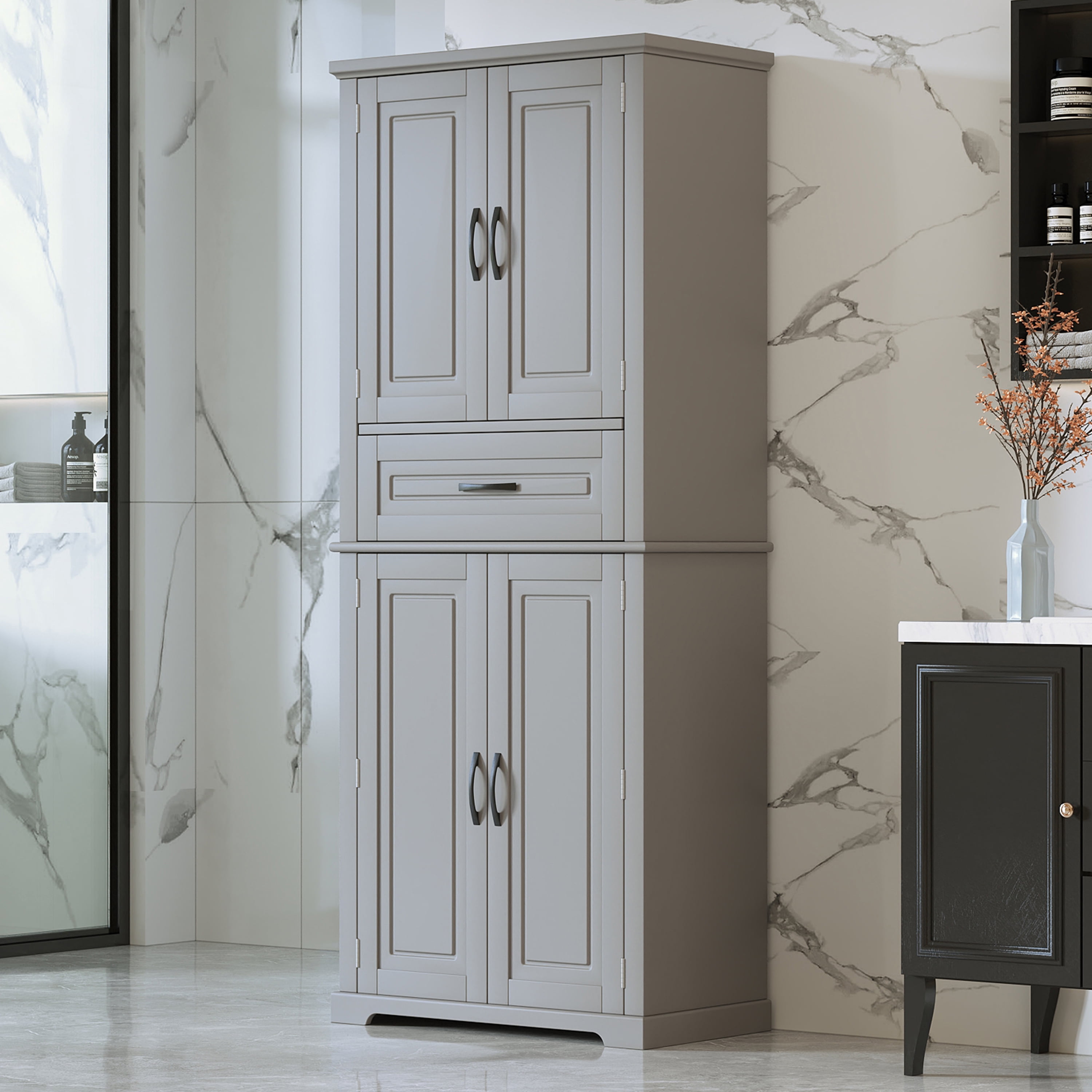 Mintazer 72" Tall Bathroom Linen Cabinet with Adjustable Shelves & Large Drawer, Freestanding Storage Cabinet with Side Door Organizer for Bathroom Laundry Room, Grey