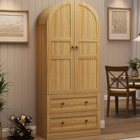 72" Tall Arched Pantry Cabinet – Farmhouse Freestanding Storage Cupboard with Wooden Doors & Drawers, Thickened Shelves – Large Display Cabinet for Dining/Living Room – Natural Wood, Wooden Door